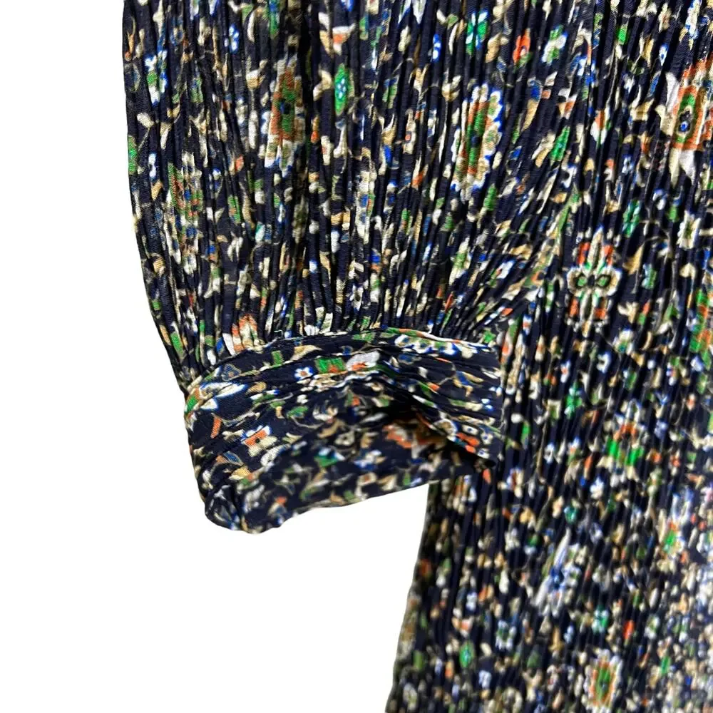 Tory Burch Women's‎ Sz 2 Midi Shift Dress Livia Navy Iris Garden Pleated Tie